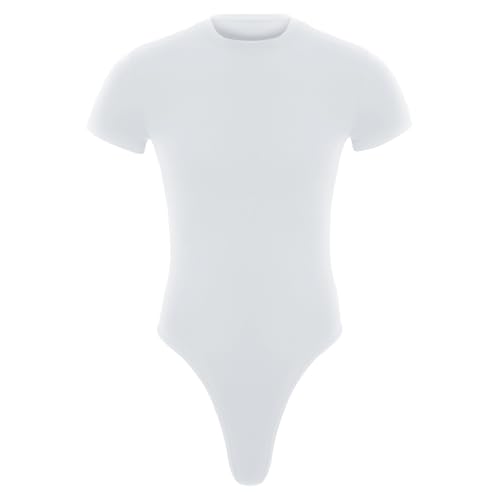 Hedmy Herren Overall Kurzarm Shirt Body Männer Einteiler Overall Offnen Schritt Stringbody High Cut Jumpsuit Gym Workout Outfts Weiß XL von Hedmy