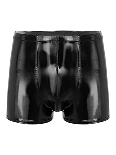 Hedmy Herren Wet Look Lackleder Boxershorts Shorts Pants für Männer Bulge Pouch Boxer Brief Glanz Erotik Dessous Clubwear Schwarz A 4XL von Hedmy