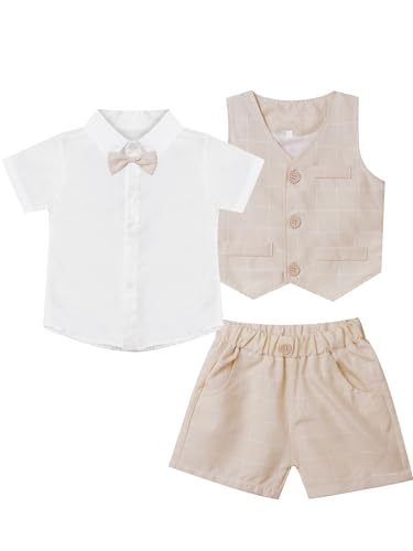 Hedmy Jungen Gentleman Smoking Anzug 3tlg Taufanzug Hemd mit Fliege Krawatte + West + Shorts Babykleidung für Hochzeit Geburtstag Beige 110-116 von Hedmy