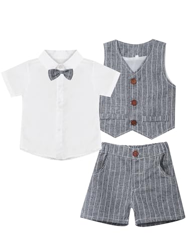 Hedmy Jungen Gentleman Smoking Anzug 3tlg Taufanzug Hemd mit Fliege Krawatte + West + Shorts Babykleidung für Hochzeit Geburtstag Grau 122-128 von Hedmy