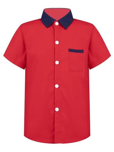 Hedmy Jungen Hemd Baumwolle Knopf Sport Kurz Ärmel Hemd Freizeithemd Kurzarmhemd Kinder Sommerhemd Basic Shirt Rot 122-128 von Hedmy