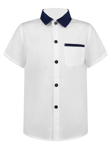Hedmy Jungen Hemd Baumwolle Knopf Sport Kurz Ärmel Hemd Freizeithemd Kurzarmhemd Kinder Sommerhemd Basic Shirt Weiß 158-164 von Hedmy