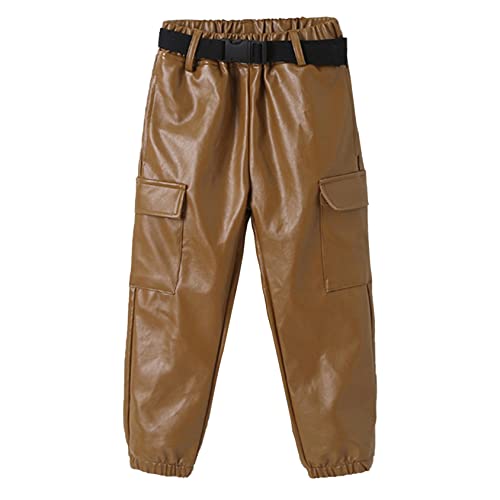 Hedmy Jungen Hose Lederhosen PU Leder mit Taschen Lang Pants Thermohose Casual Freizeitkleidung 1-12 Jahre Braun 98-104 von Hedmy