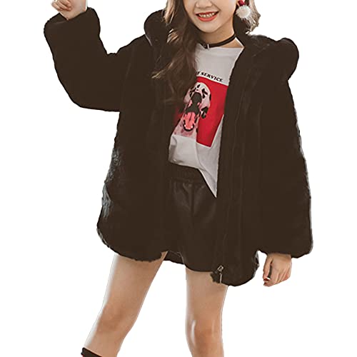 Hedmy Kinder Fleece Mantel Mädchen Kapuzenjacke Teddy Fleecejacke Warm Outfits Wintermäntel Outwear Pullover Gr.110-164 Schwarz 146-152 von Hedmy
