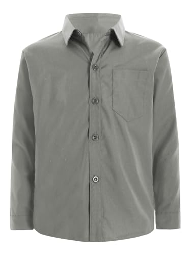 Hedmy Kinder Jungen Hemd Langarm Freizeithemd Einfarbig Langarmhemd Basic Shirt Button Down Formelle Uniform Grau 134-140 von Hedmy