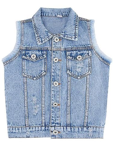 Hedmy Kinder Mädchen Denim Weste Ärmellose Jeansjacke Jeansweste Slim Fit Zerrissene Jacken Beiläufige Top Outwear Hellblau 134-140 von Hedmy