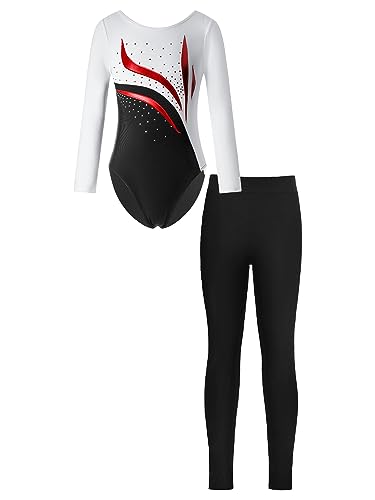 Hedmy Kinder Mädchen Gymnastikanzug Langarm Glänzende Strass Gymnastikbody Mit Leggings Tanzkleidung Trainingsanzug Weiß schwarz 134-140 von Hedmy