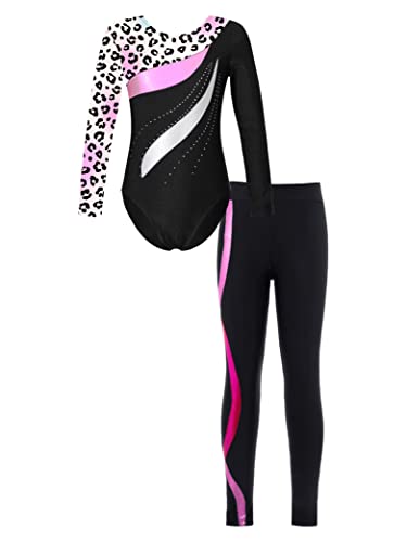Hedmy Kinder Mädchen Gymnastikanzug Langarm Patchwork Trikot mit Hose Glänzend Ballett Turnanzug Wettkampf Tanzkleidung Leopard&Hot Pink 146-152 von Hedmy