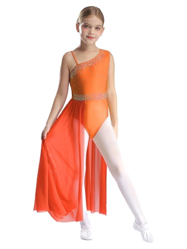 Hedmy Kinder Mädchen Lyrical Glitzernde Turnanzug Balletttrikot Tanzbody Asymmetrische Schulter Ärmellos Trikot Tanzbekleidung Orange 146-152 von Hedmy