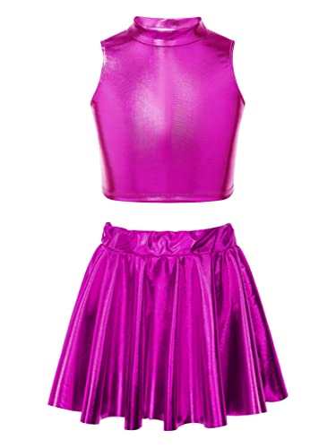 Hedmy Kinder Mädchen Tanz Outfit Metallic Ärmellos Crop Top Oberteile mit A-Linie Rock Tanzrock Performance Tanzbekleidung Rose 134-140 von Hedmy