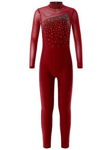 Hedmy Kinder Mädchen Turnanzug Eiskunstlauf Gymnastikanzug Langarm Pailletten Jumpsuit Overall Einteiler Trikot Gymnastik Leotard Burgundy 122-128 von Hedmy