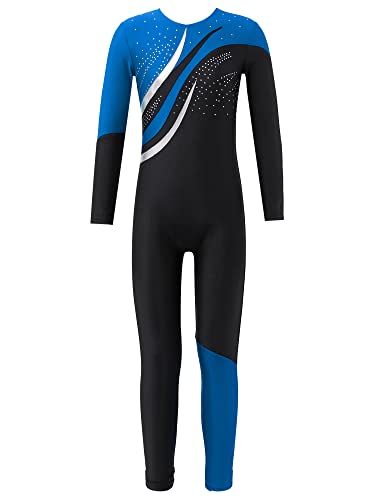 Hedmy Kinder Mädchen Turnanzug Eiskunstlauf Gymnastikanzug Langarm Pailletten Jumpsuit Overall Einteiler Trikot Gymnastik Leotard Königsblau 146-152 von Hedmy