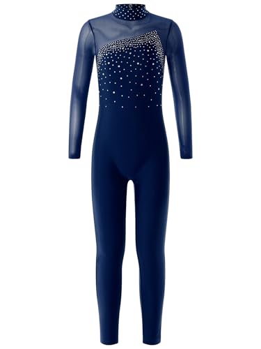 Hedmy Kinder Mädchen Turnanzug Eiskunstlauf Gymnastikanzug Langarm Pailletten Jumpsuit Overall Einteiler Trikot Gymnastik Leotard Navy Blau 122-128 von Hedmy