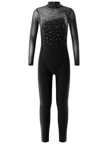 Hedmy Kinder Mädchen Turnanzug Eiskunstlauf Gymnastikanzug Langarm Pailletten Jumpsuit Overall Einteiler Trikot Gymnastik Leotard Schwarz 146-152 von Hedmy