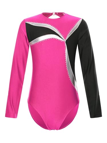 Hedmy Kinder Turnanzug Gymnastikanzug Mädchen Leotard Langarm Glitzernde Trikot Training Gymnastikbody Wettkampf Dancewear Hot Pink 110-116 von Hedmy