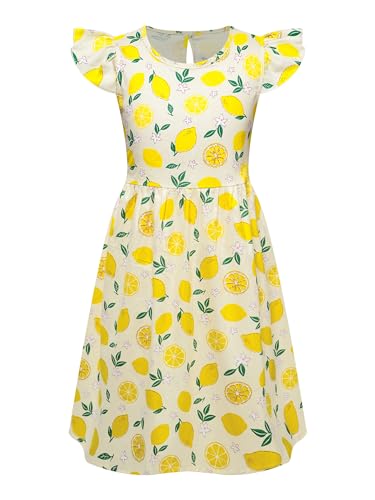 Hedmy Mädchen Ärmellosesl Kleid Rüschen Sommerkleid Blume Baumwolle Lässige Kinderkleidung Swing Kleid Party Kleider Zitrone Gelb 134-140 von Hedmy