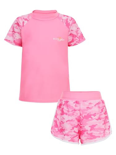 Hedmy Mädchen Badeanzug UPF 50+ Schutz Kurzarm Schwimmshirt Badeshorts Zweiteiler Bademode Hawaii Badebekleidung Rosa 158-164 von Hedmy