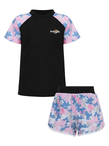 Hedmy Mädchen Badeanzug UPF 50+ Schutz Kurzarm Schwimmshirt Badeshorts Zweiteiler Bademode Hawaii Badebekleidung Schwarz 134-140 von Hedmy