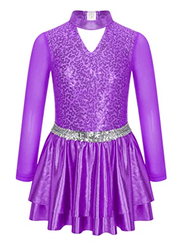 Hedmy Mädchen Ballettkleid Langarm Ballettanzug Glänzend Pailletten Tanzbody Mit Rock Tüll Splice Eiskunstlauf Kleid Gr.110-176 Violett 134-140 von Hedmy