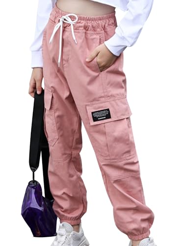 Hedmy Mädchen Cargohose Sporthose Jogginghose Trainingshose Mit Gummizug und Taschen Hip Hop Tanz Streetwear Freizeithose Lang Pants Rosa 158-164 von Hedmy