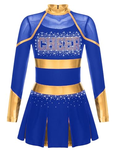 Hedmy Mädchen Cheerleading Kleid Langarm Tanzkleid Cheer Leader Tanz Outfit Tanzanzug Glitzer Bühnenkostüm Blau 134-140 von Hedmy