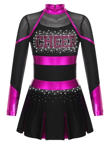 Hedmy Mädchen Cheerleading Kleid Langarm Tanzkleid Cheer Leader Tanz Outfit Tanzanzug Glitzer Bühnenkostüm Schwarz & Hot Pink 134-140 von Hedmy