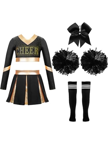 Hedmy Mädchen Cheerleading Kostüm Kinder 2tlg Langarm Crop Tops Mit Rock Pompoms Socken Karneval Fasching Party Verkleidung EIN Schwarzer 122-128 von Hedmy