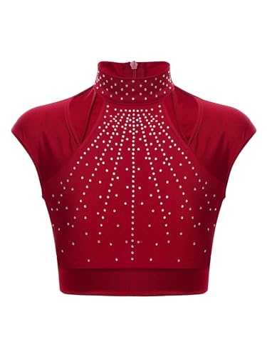 Hedmy Mädchen Crop Top Bauchfrei Oberteil Ärmelloses T-Shirt Tops Shirt Bluse Unterhemd für Eiskunstlauf Fitness Tanz Gymnastik Burgundy 134-140 von Hedmy