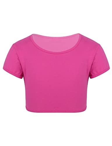 Hedmy Mädchen Crop Top Bauchfrei Oberteil Kurzarm T-Shirt Rundhals Tops Shirt Bluse Gymnastik Unterhemd für Fitness Tanz Rose Rot 128 von Hedmy