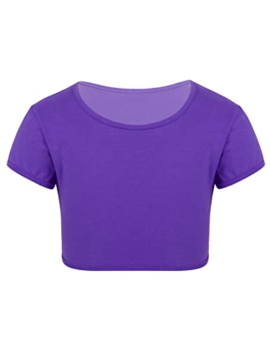 Hedmy Mädchen Crop Top Bauchfrei Oberteil Kurzarm T-Shirt Rundhals Tops Shirt Bluse Gymnastik Unterhemd für Fitness Tanz Violett 152 von Hedmy