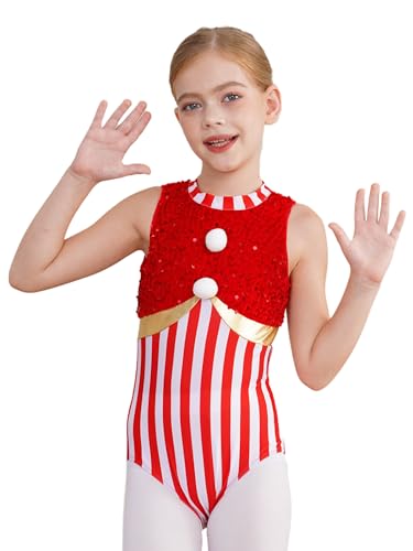 Hedmy Mädchen Gymnastik Tanztrikot Kinder Weihnachten Kostüm Ärmellos Overall Jumpsuit Pailletten Streifen Tanzbody Zuckerstange Kostüm Rot 170 von Hedmy
