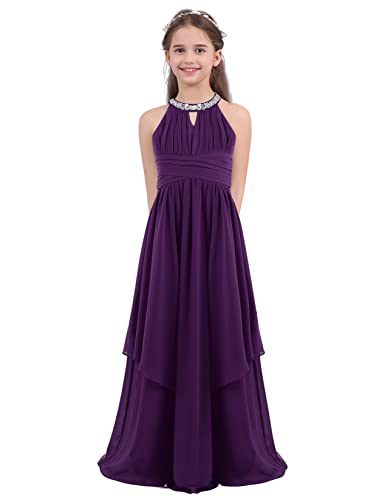 Hedmy Mädchen Kleid Festlich Blumenmädchenkleider Ärmellos Prinzessin Neckholder Strass Kleid Hochzeit Partykleid Lang Abendkleid Gr.98-176 Violett 14 Jahre von Hedmy