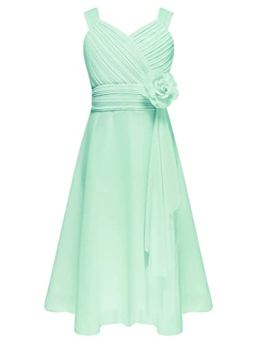 Hedmy Mädchen Kleid Festlich Prinzessin Hochzeit Partykleid Ärmellos Chiffonkleid Brautjungfer Kleid Gr. 110-176 Mintgrün 158-164 von Hedmy