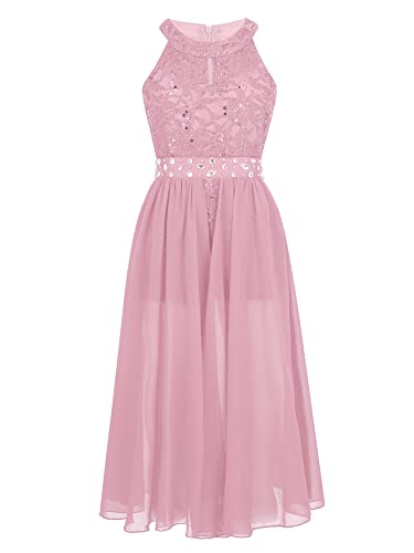 Hedmy Mädchen Kleider Festlich Blumenmädchenkleider Spitze Prinzessin Hochzeit Brautjungfern Festzug Chiffonkleid mit Strass Rosa 140 von Hedmy