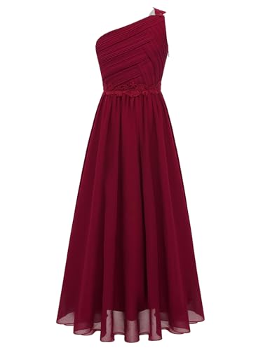 Hedmy Mädchen Kleider Festlich Chiffon Kleid Hochzeit Brautjungfer Blumenmädchen Kleider EIN Schulter Geburtstag Party Abendkleid Burgundy 158-164 von Hedmy