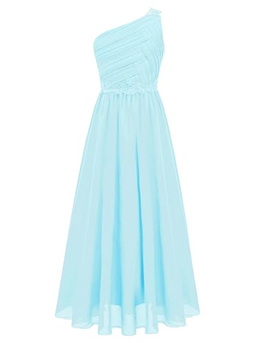 Hedmy Mädchen Kleider Festlich Chiffon Kleid Hochzeit Brautjungfer Blumenmädchen Kleider EIN Schulter Geburtstag Party Abendkleid Hell Blau 158-164 von Hedmy