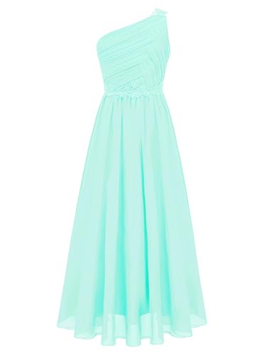 Hedmy Mädchen Kleider Festlich Chiffon Kleid Hochzeit Brautjungfer Blumenmädchen Kleider EIN Schulter Geburtstag Party Abendkleid Mintgrün 134-140 von Hedmy