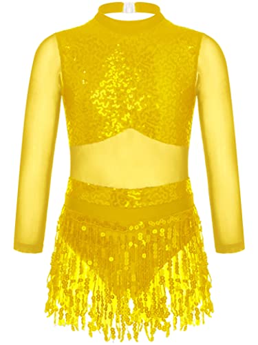 Hedmy Mädchen Latein Tanzkleid Quaste Kleid Saum Latein Salsa Tango Salsa Bauch Tanz Kleid Pailletten Kleid Club Bühnenkleid Kostüme Gold 134-140 von Hedmy