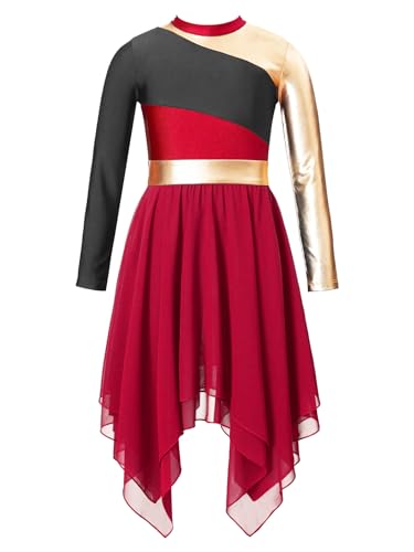 Hedmy Mädchen Liturgisches Tanz Kleid Langarm Metallic Kleider Ballsaal Tanzkleidung Anbetung Kostüm 5-16 Jahre Burgundy 146-152 von Hedmy