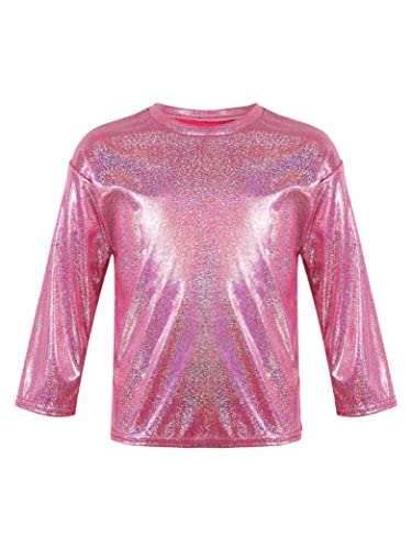 Hedmy Mädchen Metallic Shirts Crop Top Tanz Bluse Sport T-Shirt Langarm Oberteile Tanz Gymnastik Turn Slim Fit Gr. 80-164 Rose Rot 110-116 von Hedmy