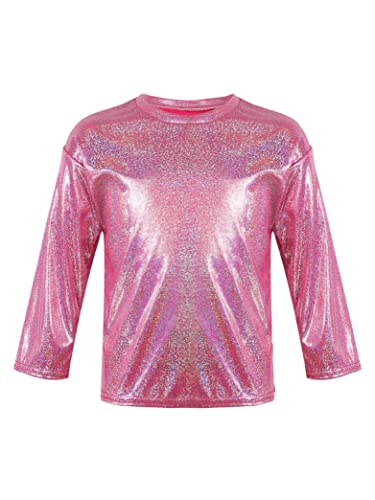 Hedmy Mädchen Metallic Shirts Crop Top Tanz Bluse Sport T-Shirt Langarm Oberteile Tanz Gymnastik Turn Slim Fit Gr. 80-164 Rose Rot 134-146 von Hedmy