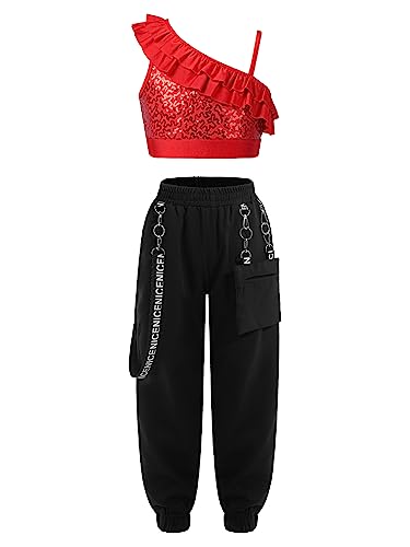 Hedmy Mädchen Pailletten Hip Hop Kostüm Crop Tops + Cargohose Kinder Sport Trikot Dance Kleidung Street Tanz Outfit Rot 158-164 von Hedmy