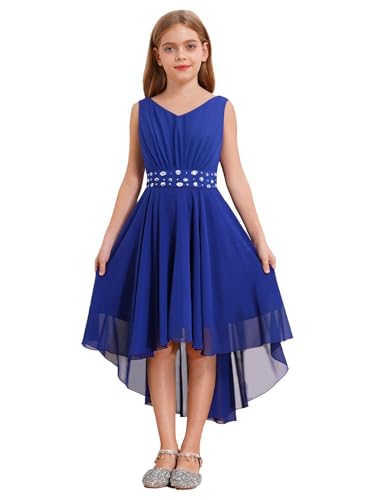 Hedmy Mädchen Prinzessin Chiffon Kleid Glänzend mit Strass Blumenmädchen Hochzeit Party Geburtstag Kleider A-Linie Kleid Gr. 110-176 Blau 158-164 von Hedmy