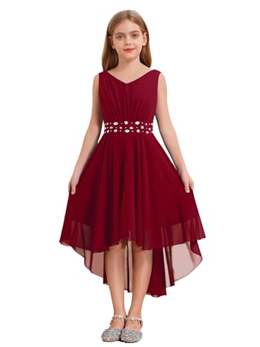 Hedmy Mädchen Prinzessin Chiffon Kleid Glänzend mit Strass Blumenmädchen Hochzeit Party Geburtstag Kleider A-Linie Kleid Gr. 110-176 Burgundy 134-140 von Hedmy