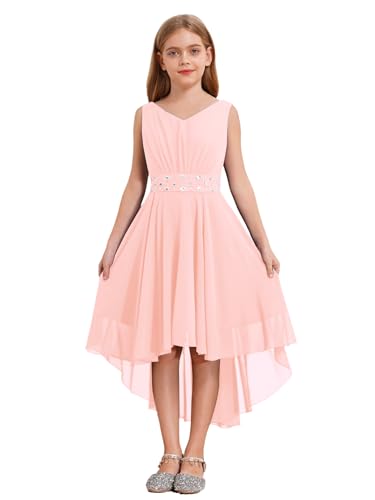 Hedmy Mädchen Prinzessin Chiffon Kleid Glänzend mit Strass Blumenmädchen Hochzeit Party Geburtstag Kleider A-Linie Kleid Gr. 110-176 Rosa 110-116 von Hedmy