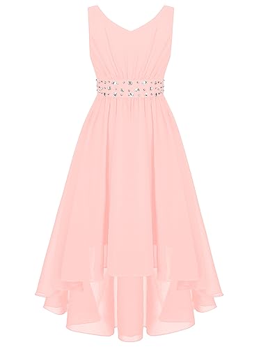 Hedmy Mädchen Prinzessin Chiffon Kleid Glänzend mit Strass Blumenmädchen Hochzeit Party Geburtstag Kleider A-Linie Kleid Gr. 110-176 Rosa 158-164 von Hedmy