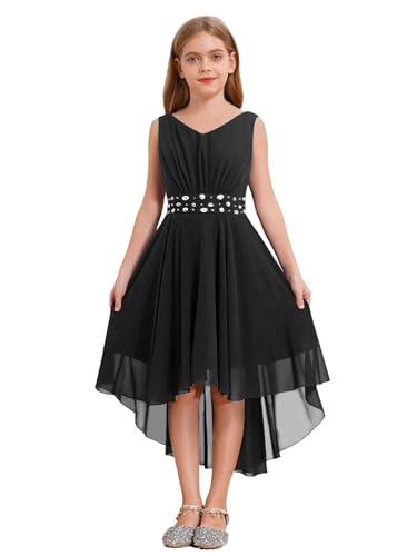Hedmy Mädchen Prinzessin Chiffon Kleid Glänzend mit Strass Blumenmädchen Hochzeit Party Geburtstag Kleider A-Linie Kleid Gr. 110-176 Schwarz 134-140 von Hedmy