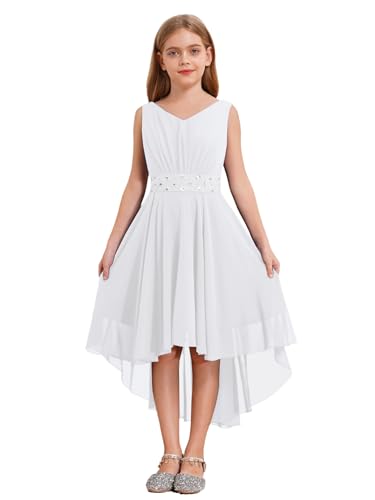 Hedmy Mädchen Prinzessin Chiffon Kleid Glänzend mit Strass Blumenmädchen Hochzeit Party Geburtstag Kleider A-Linie Kleid Gr. 110-176 Weiß 134-140 von Hedmy