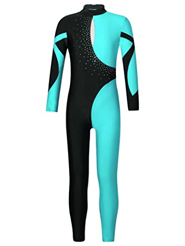 Hedmy Mädchen Turnanzug Ganzkörper Langarm Sportbody Gymnastik Strass Glitzer Trikot Gymnastikanzug Dancewear Blau Grün 134-140 von Hedmy