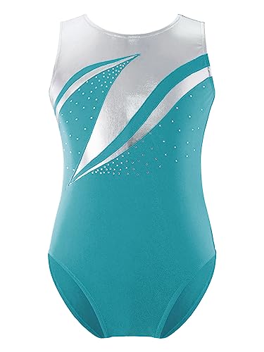 Hedmy Mädchen Turnanzug Gymnastikanzug Ärmellos Tanz Body Overalls Trikot Leotards Kinder Gymnastik Wettkampf Kostüm 3-14 Jahre Blau Grün B 134-140 von Hedmy